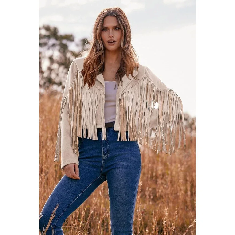 Women's Beige Apricot Fringe Faux Suede Leather Tassel Motorcycle Cropped Jacket - Picture 7 of 9